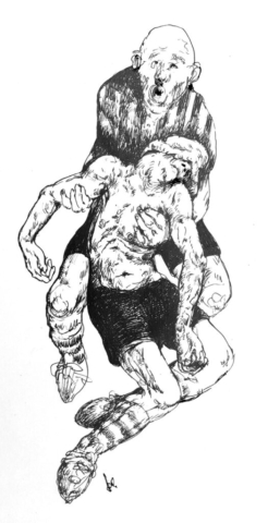 Ilustración a tinta sobre papel, RAMIRO ALONSO. Futbolistas muertos por la dictadura.