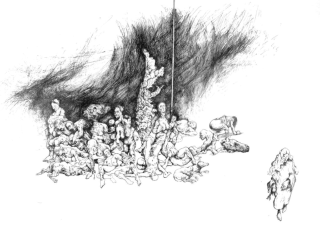 Ilustración a tinta sobre papel, círculo del infierno.