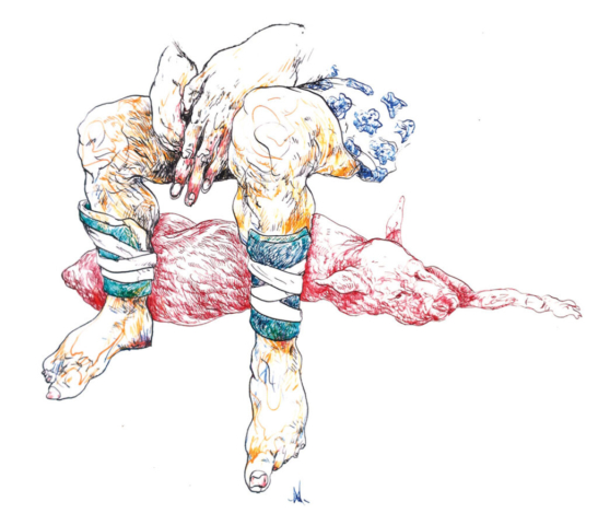 Ilustración a tinta sobre papel, futbolista, ramiro alonso.