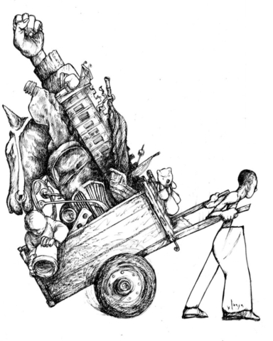 Pobreza, carrito, hombre rejunta en al basura.