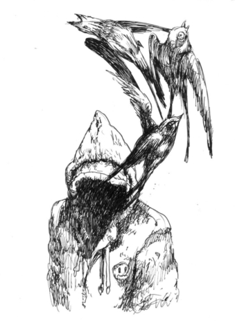 Tinta sobre papel, golondrinas y joven.