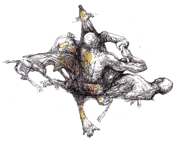 Tinta, papel, perros, hombres desnudos.